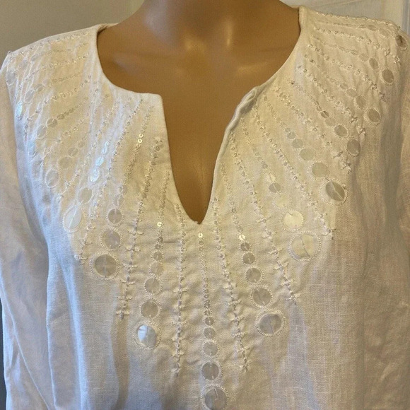 JM Collection Linen V Neck Top Blouse Sequin Artsy White Beads Embroidery Lady16 - Picture 5 of 10